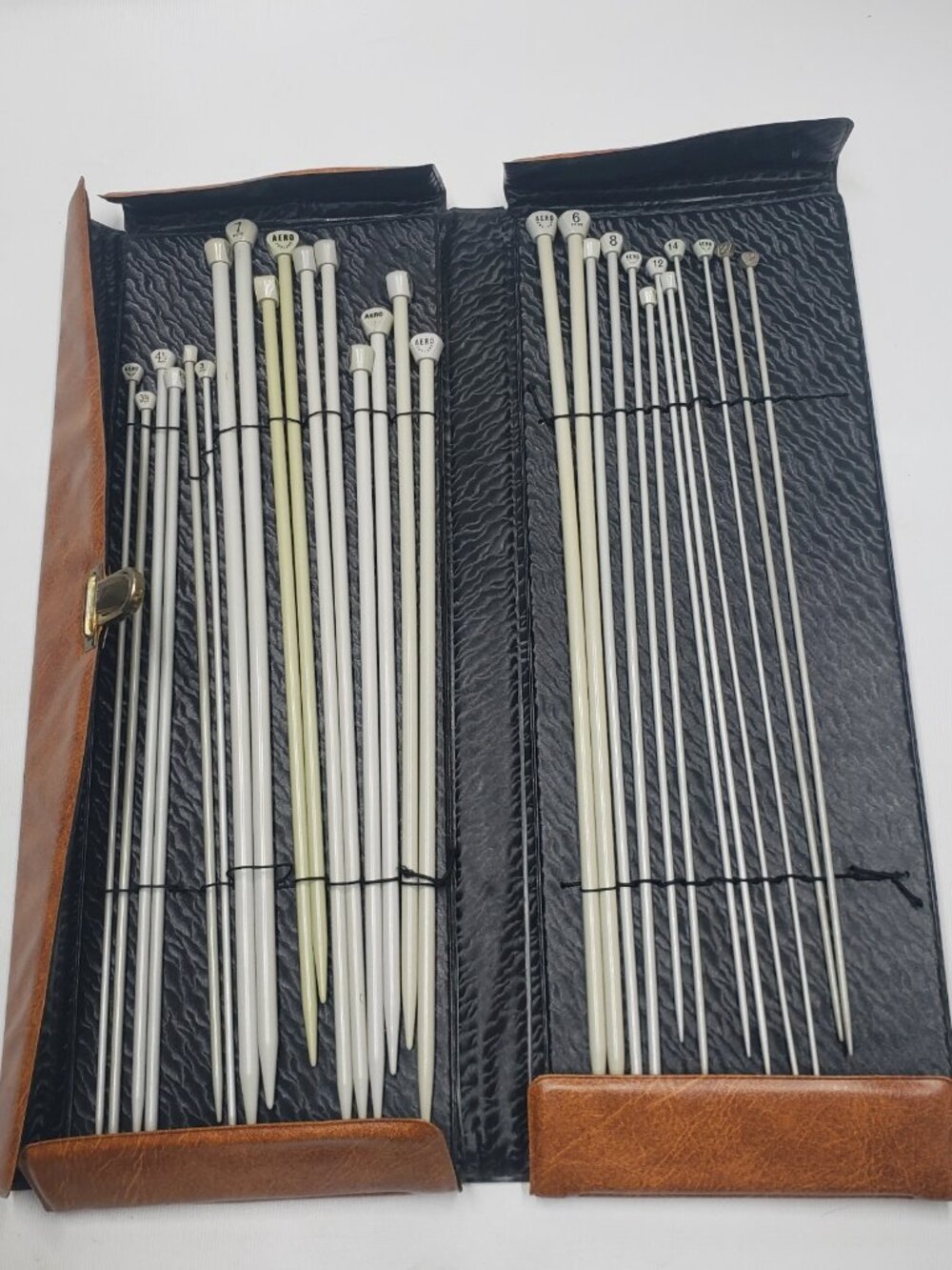 Knitting Needle Case With 15 Pairs of Aero Needles Various Sizes Brown Leather